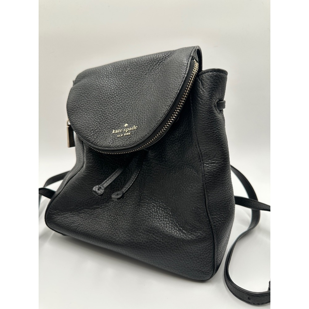 Kate Spade Nicole Pebbled Leather Backpack Black Drawstring Flap S338 Medium